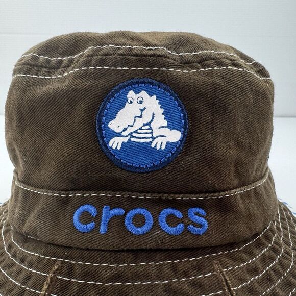 Crocs Reversible Bucket Hat Toddler Blue White Stripe Brown Logo Beach Sun - Picture 5 of 7